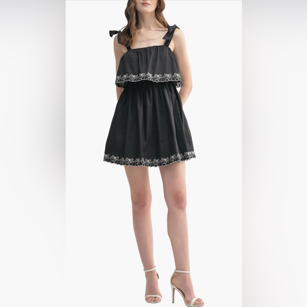 Lush Black Cherry Embroidered Bow-Tied Shoulder Mini Dress